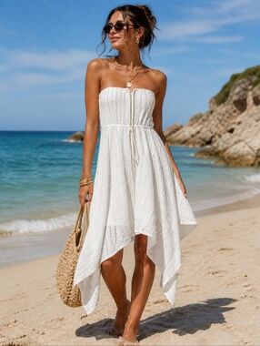 Anthropologie White Strapless Handkerchief-Hem Sundress